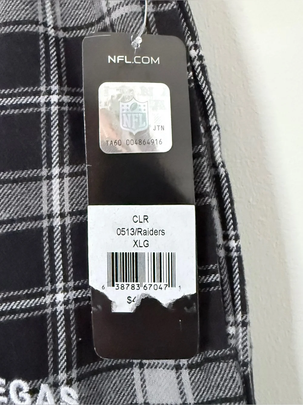 NFL Las Vegas Raiders Embroidered Logo Black White Plaid Sleepwear Pants Sz XL